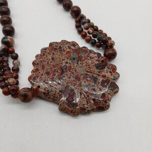 Jasper Stone Carved Pendant Statement Necklace Brown Earthtone Beaded